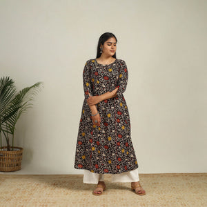 Black - Printed Cotton A-Line Kalamkari Kurta 02
