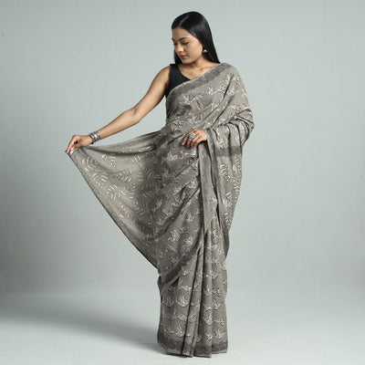 Brown - Bindaas Art Block Printed Natural Dyed Cotton Saree 28