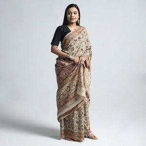 Beige - Pedana Block Print Cotton Kalamkari Saree