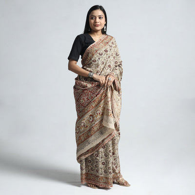 Beige - Pedana Block Print Cotton Kalamkari Saree
