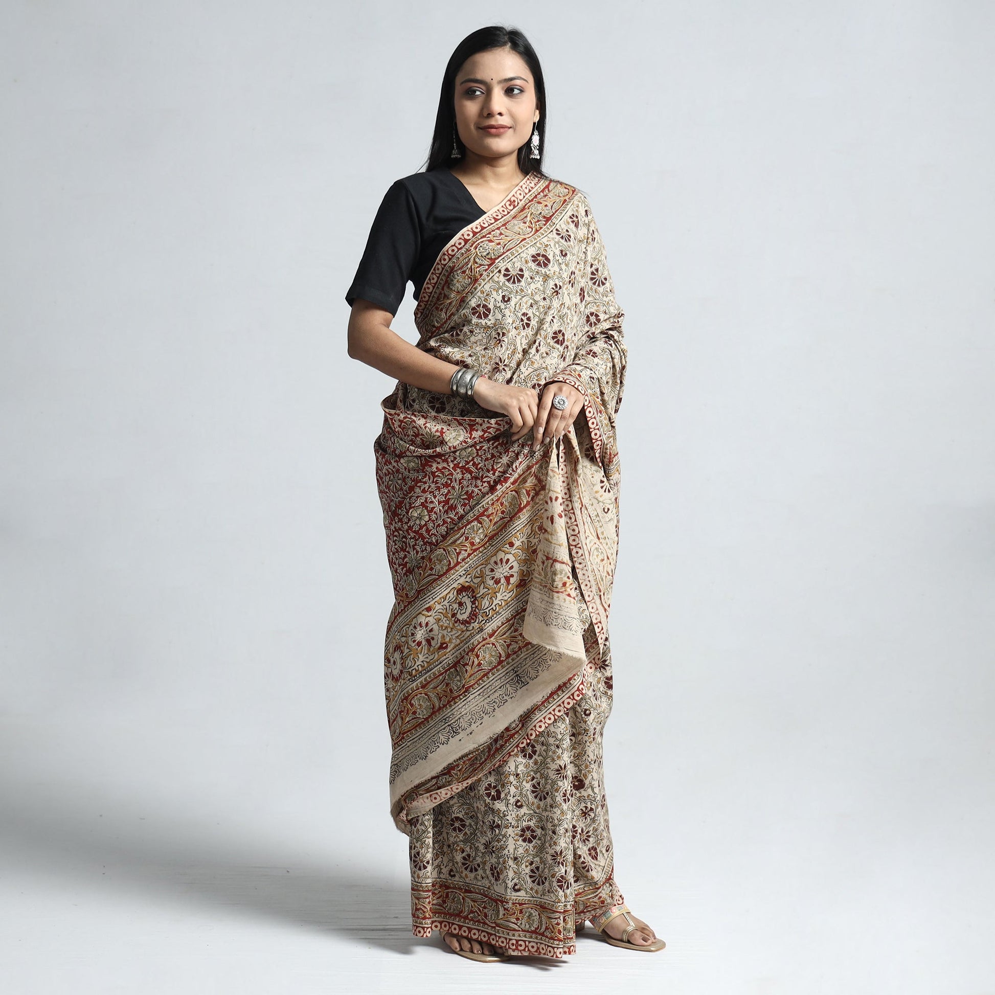 Beige - Pedana Block Print Cotton Kalamkari Saree