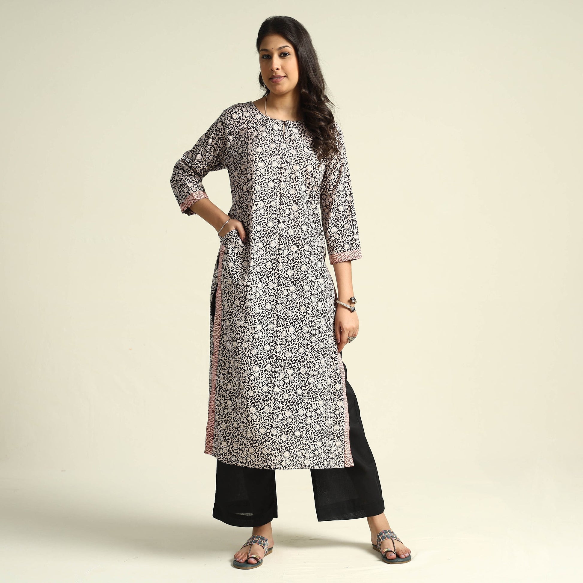 Black - Bagh Block Printed Cotton Kurta with Palazzo Set