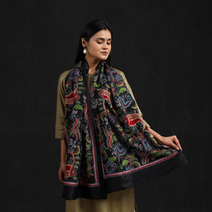 Black - Handloom Silk Bengal Kantha Work Stole 34