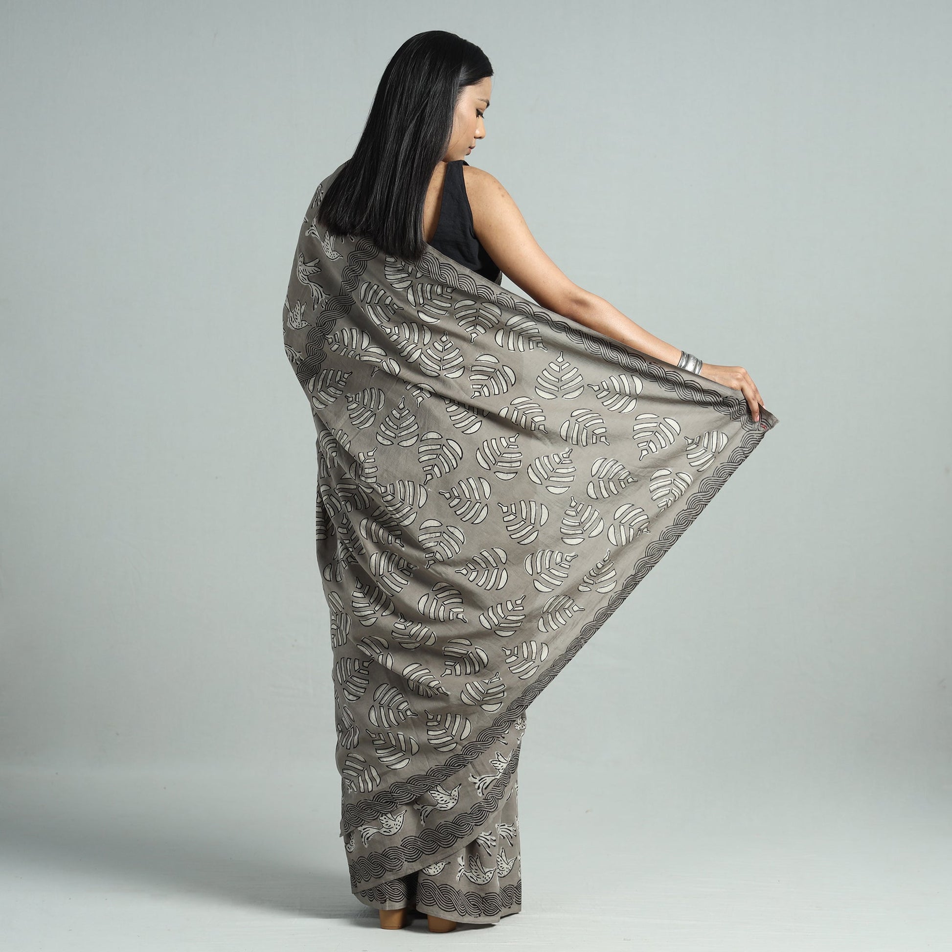 Brown - Bindaas Art Block Printed Natural Dyed Cotton Saree 28