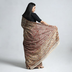 Beige - Pedana Block Print Cotton Kalamkari Saree