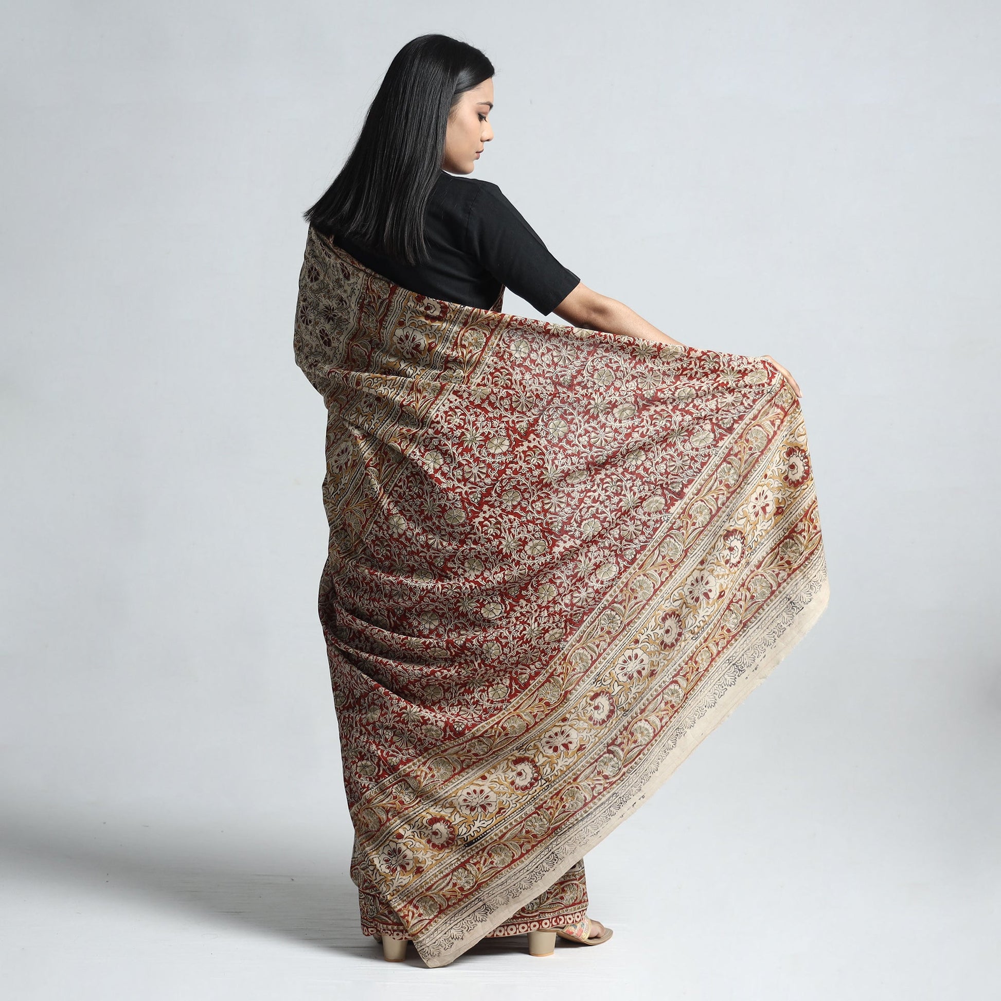 Beige - Pedana Block Print Cotton Kalamkari Saree