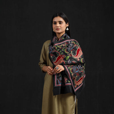 Black - Handloom Silk Bengal Kantha Work Stole 34