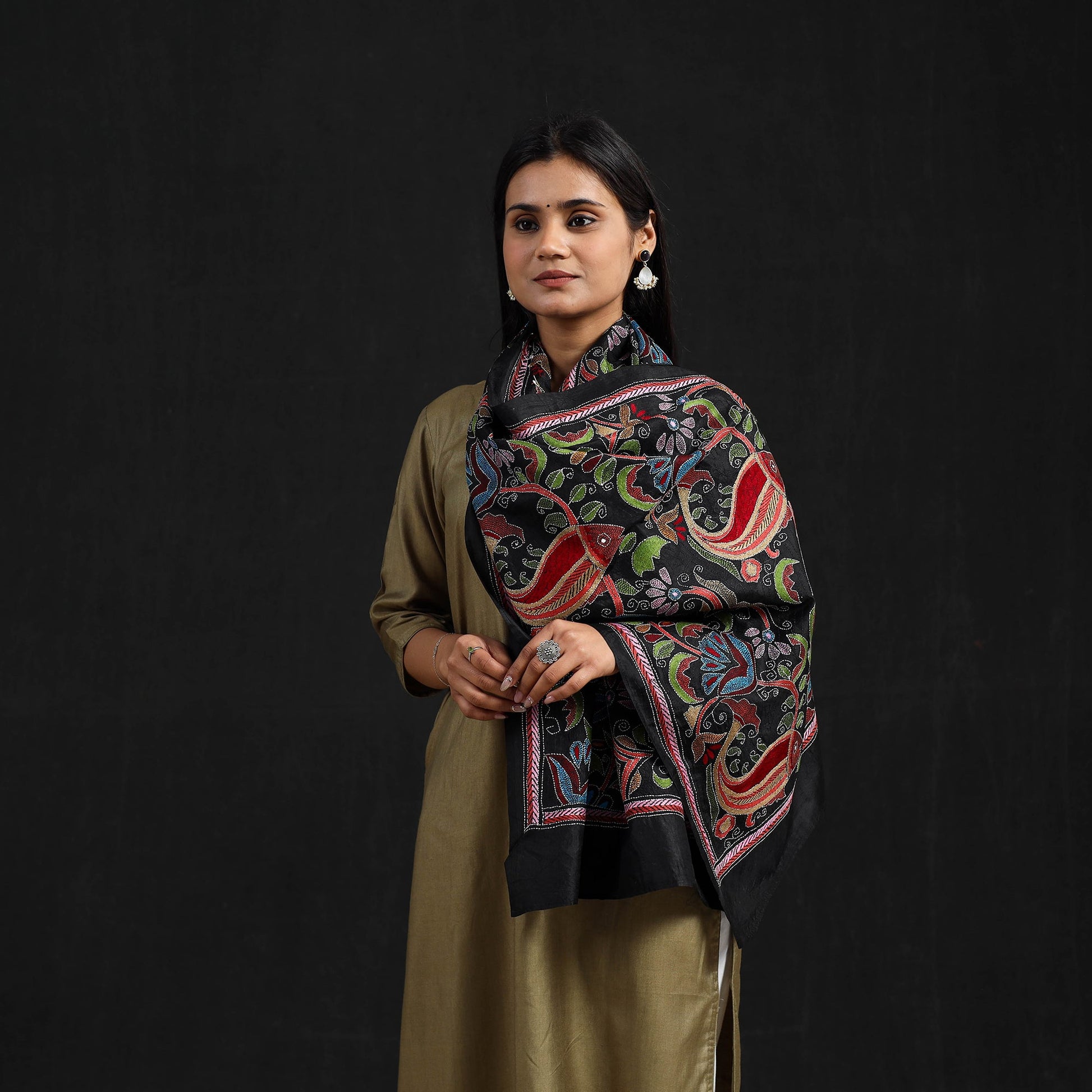 Black - Handloom Silk Bengal Kantha Work Stole 34