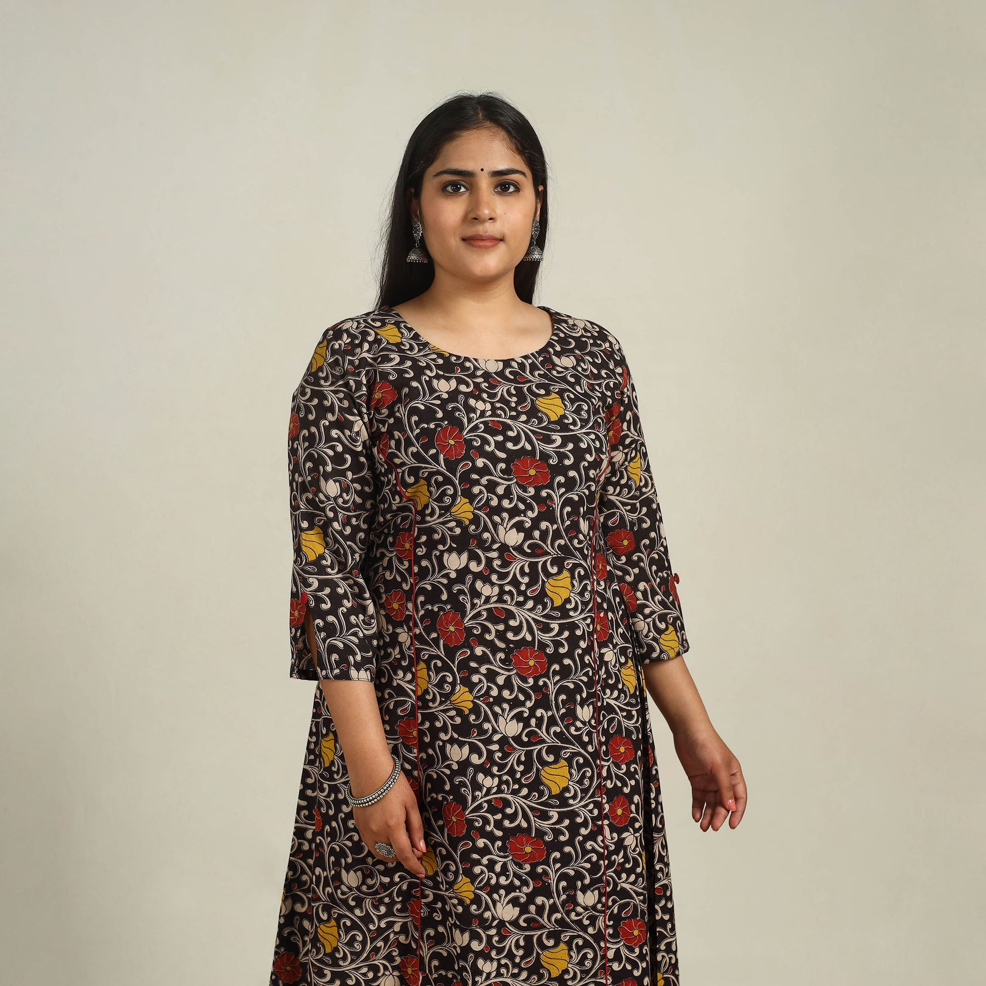 Black - Printed Cotton A-Line Kalamkari Kurta 02