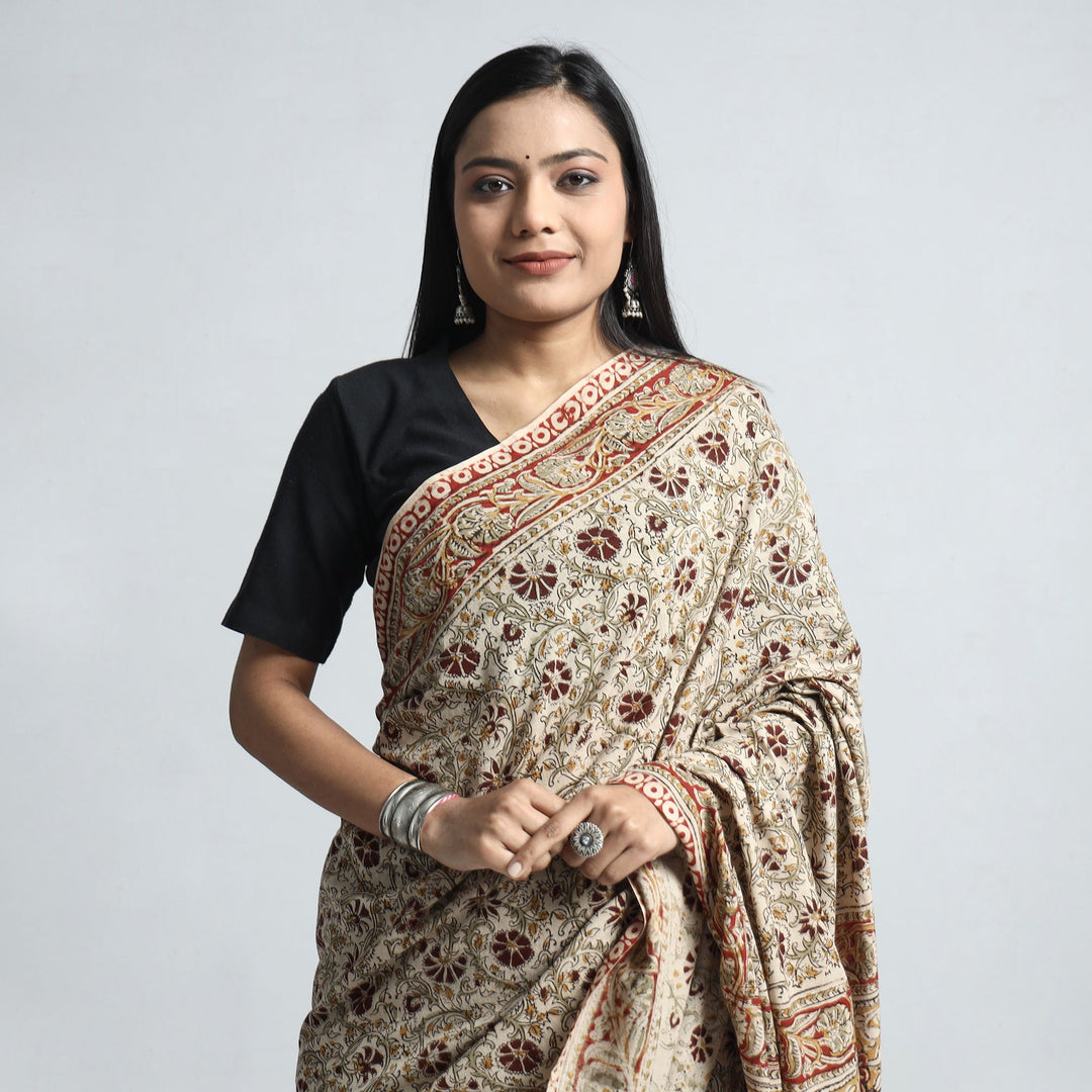 Beige - Pedana Kalamkari Block Print Natural Dyed Cotton Double Bedsheet (108 x 90 in)