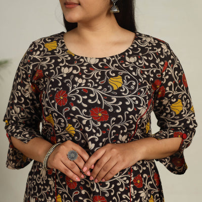 Black - Printed Cotton A-Line Kalamkari Kurta 02