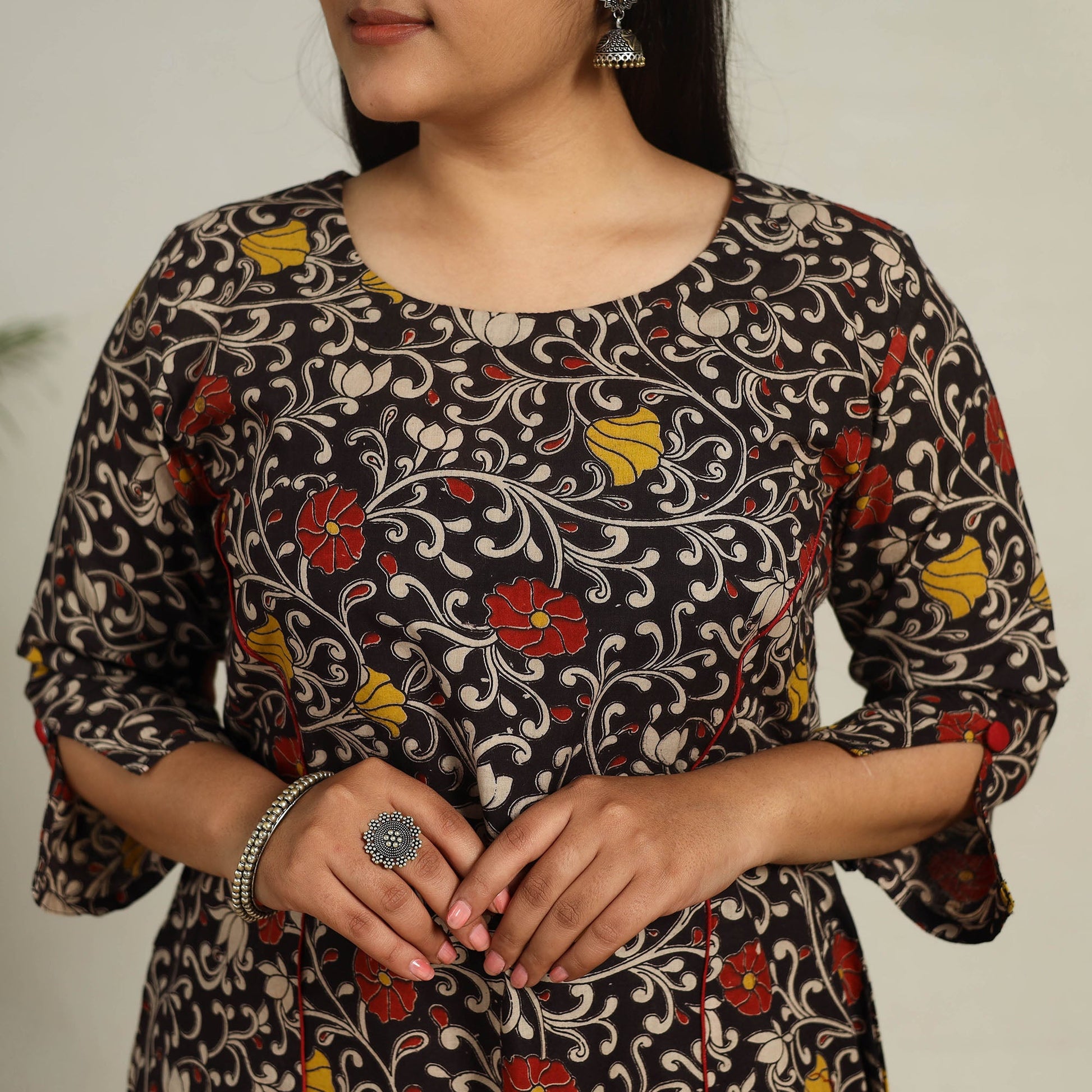 Black - Printed Cotton A-Line Kalamkari Kurta 02
