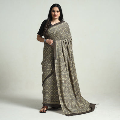 Grey - Natural Dyed Hand Block Print Cotton Ajrakh Saree