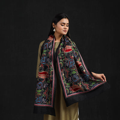 Black - Handloom Silk Bengal Kantha Work Stole 24