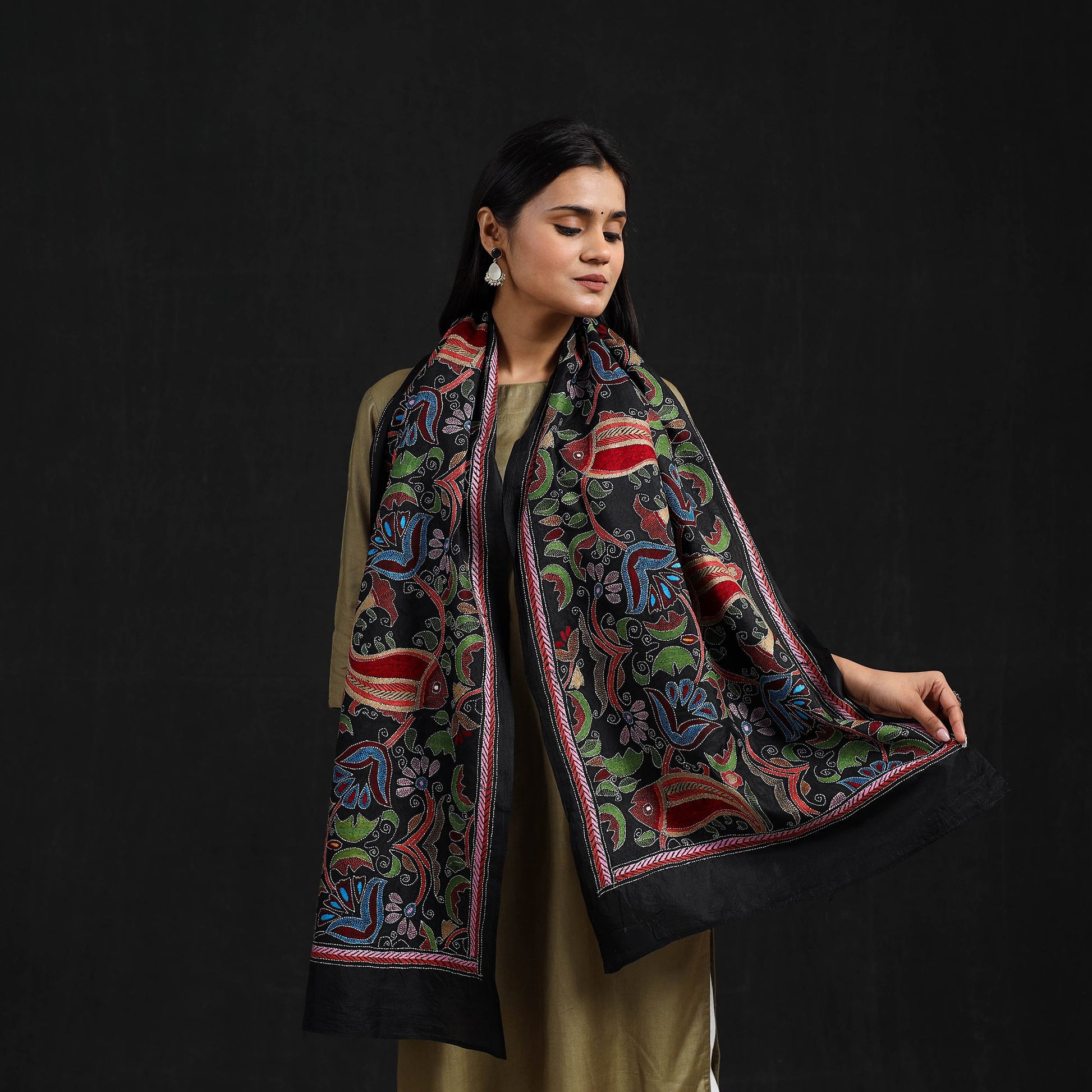 Black - Handloom Silk Bengal Kantha Work Stole 24