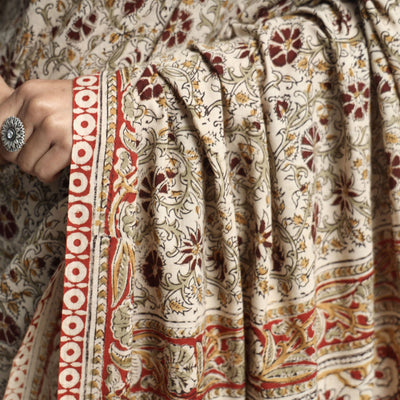 Beige - Pedana Block Print Cotton Kalamkari Saree