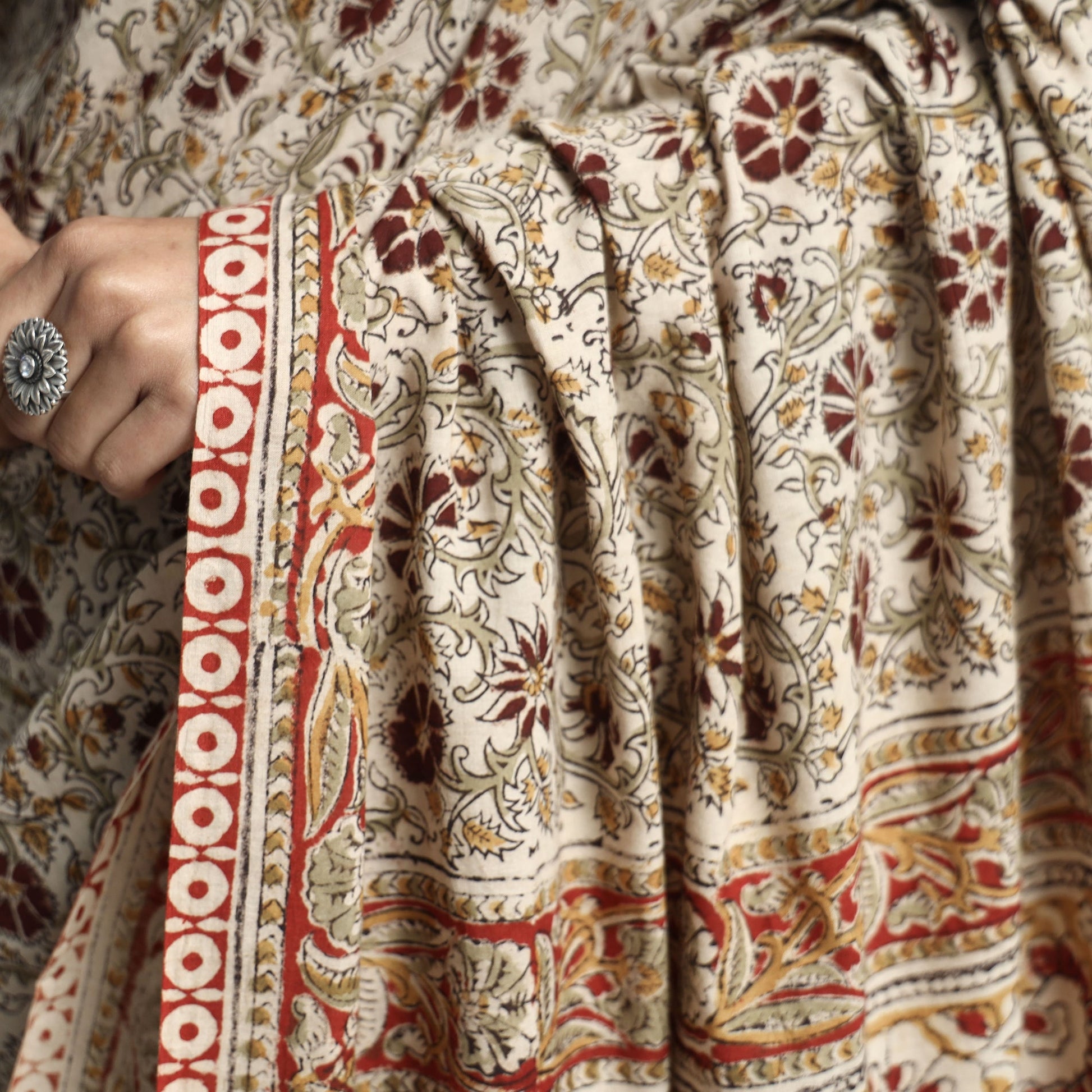 Beige - Pedana Block Print Cotton Kalamkari Saree