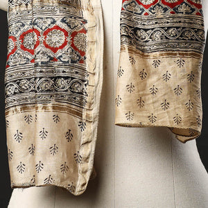 Beige - Pedana Block Print Chanderi Silk Kalamkari Stole 01