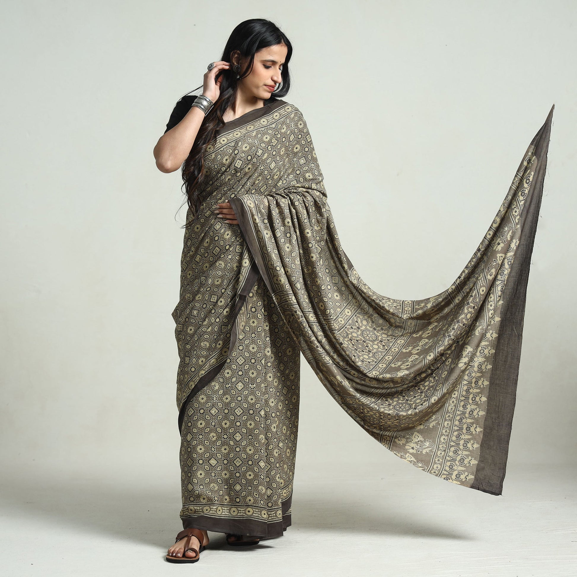 Grey - Natural Dyed Hand Block Print Cotton Ajrakh Saree