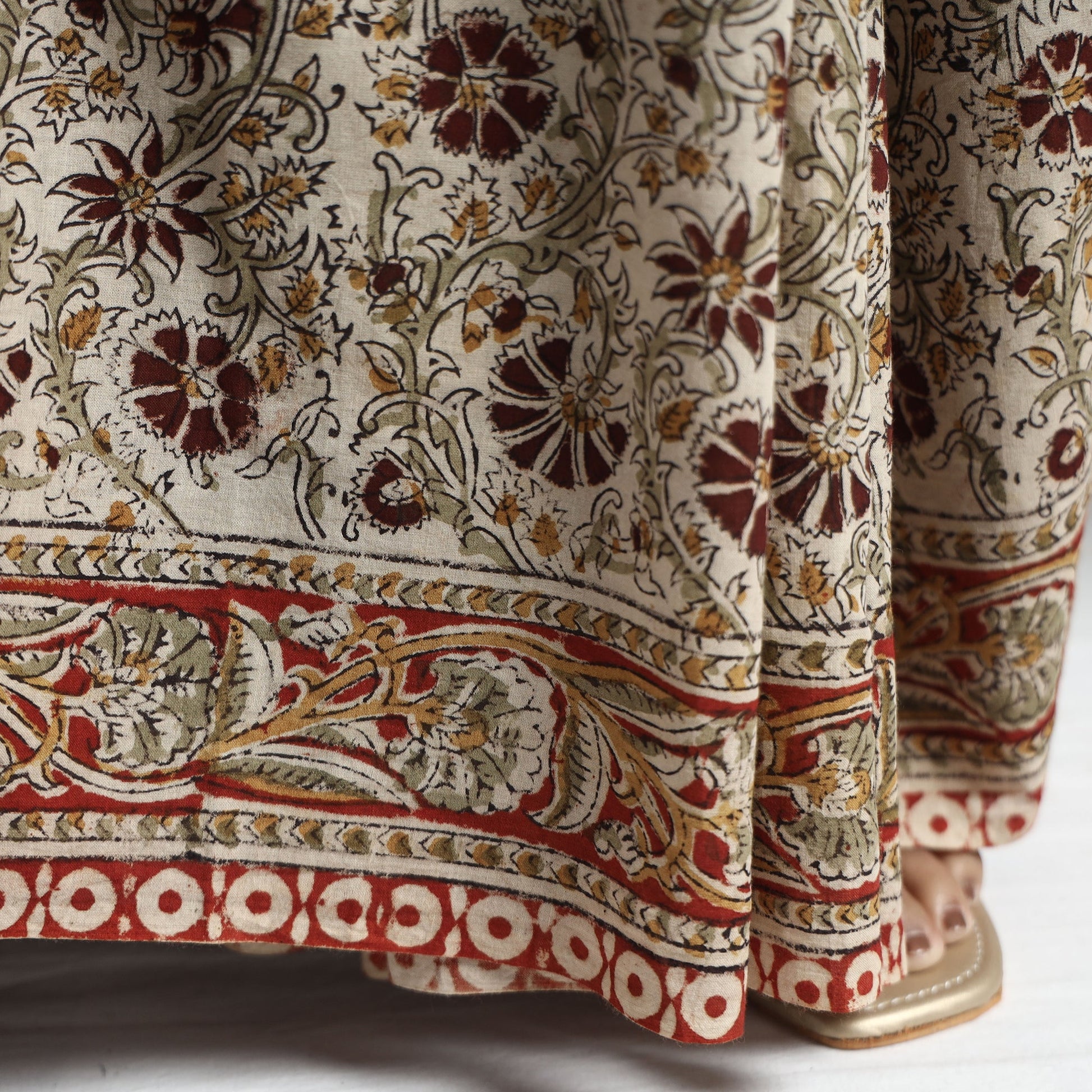 Beige - Pedana Block Print Cotton Kalamkari Saree