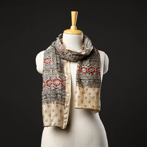 Beige - Pedana Block Print Chanderi Silk Kalamkari Stole 01
