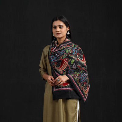 Black - Handloom Silk Bengal Kantha Work Stole 24
