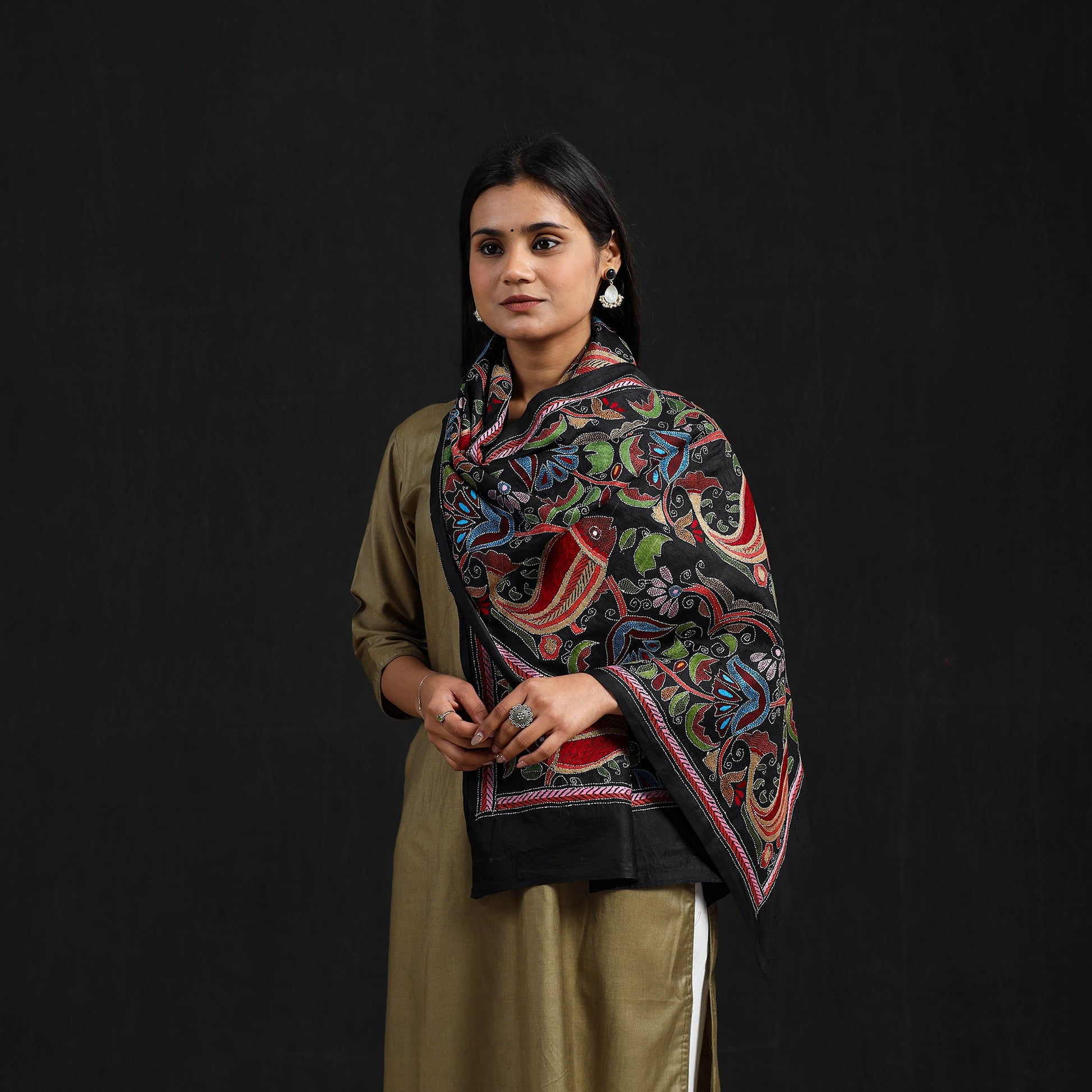 Black - Handloom Silk Bengal Kantha Work Stole 24