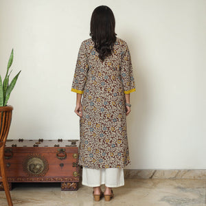 Brown - Kalamkari Printed Cotton Pintuck Long Straight Kurta 68