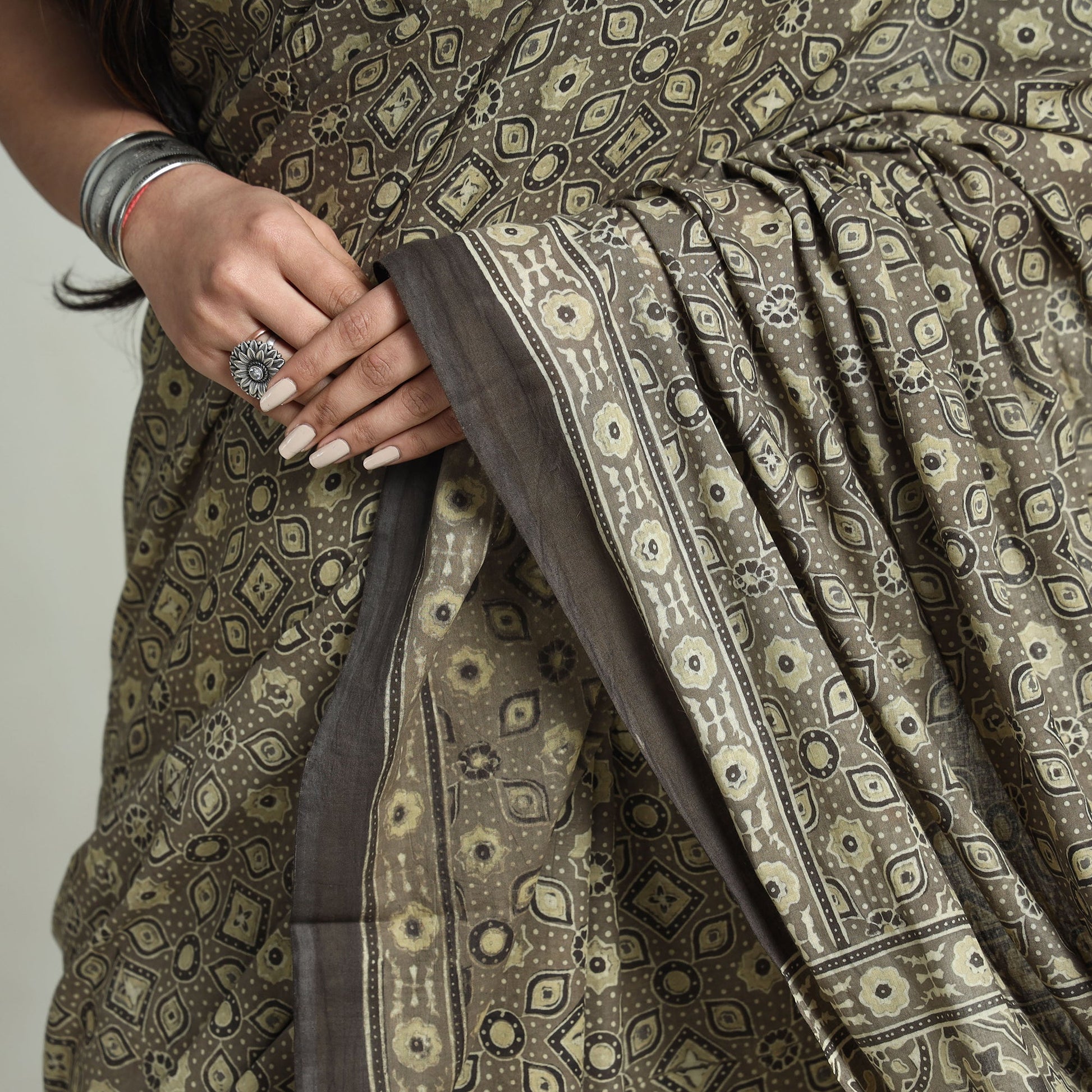 Grey - Natural Dyed Hand Block Print Cotton Ajrakh Saree