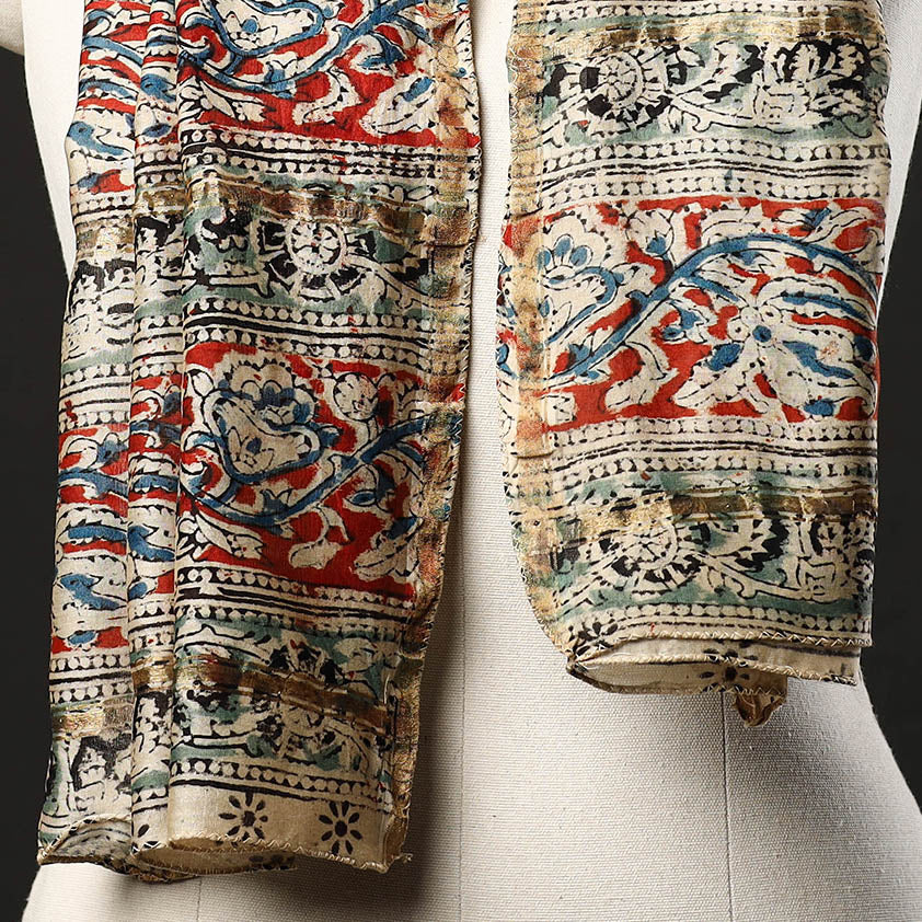 Beige - Pedana Block Print Chanderi Silk Kalamkari Stole 03
