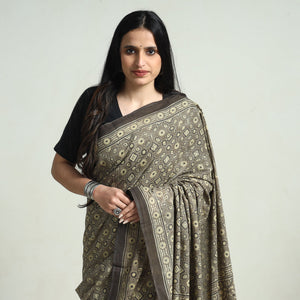 Grey - Natural Dyed Hand Block Print Cotton Ajrakh Saree
