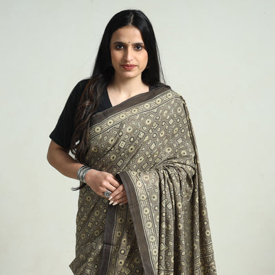 Grey - Natural Dyed Hand Block Print Cotton Ajrakh Saree