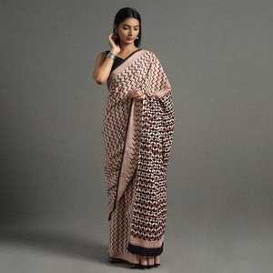 Brown - Bagru Hand Block Printed Mul Cotton Natural Dyed Saree 12