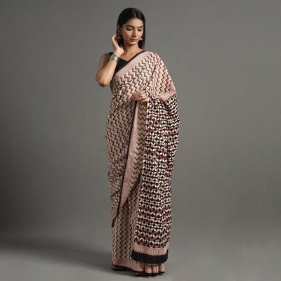 Brown - Bagru Hand Block Printed Mul Cotton Natural Dyed Saree 12