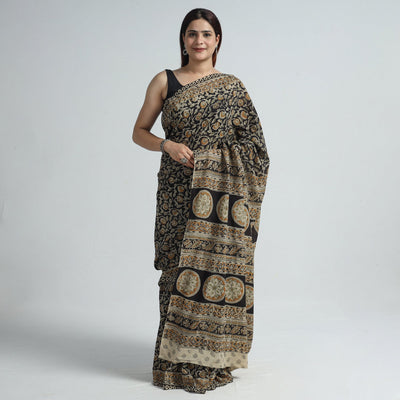 Black - Pedana Block Print Cotton Kalamkari Saree 07