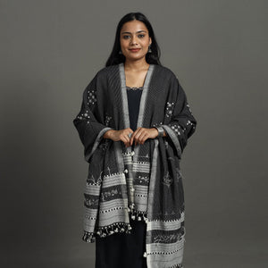Black - Kutch Bhujodi Weaving Mirror Work Handloom Woolen Shawl 03
