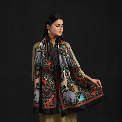 Black - Handloom Silk Bengal Kantha Work Stole 30