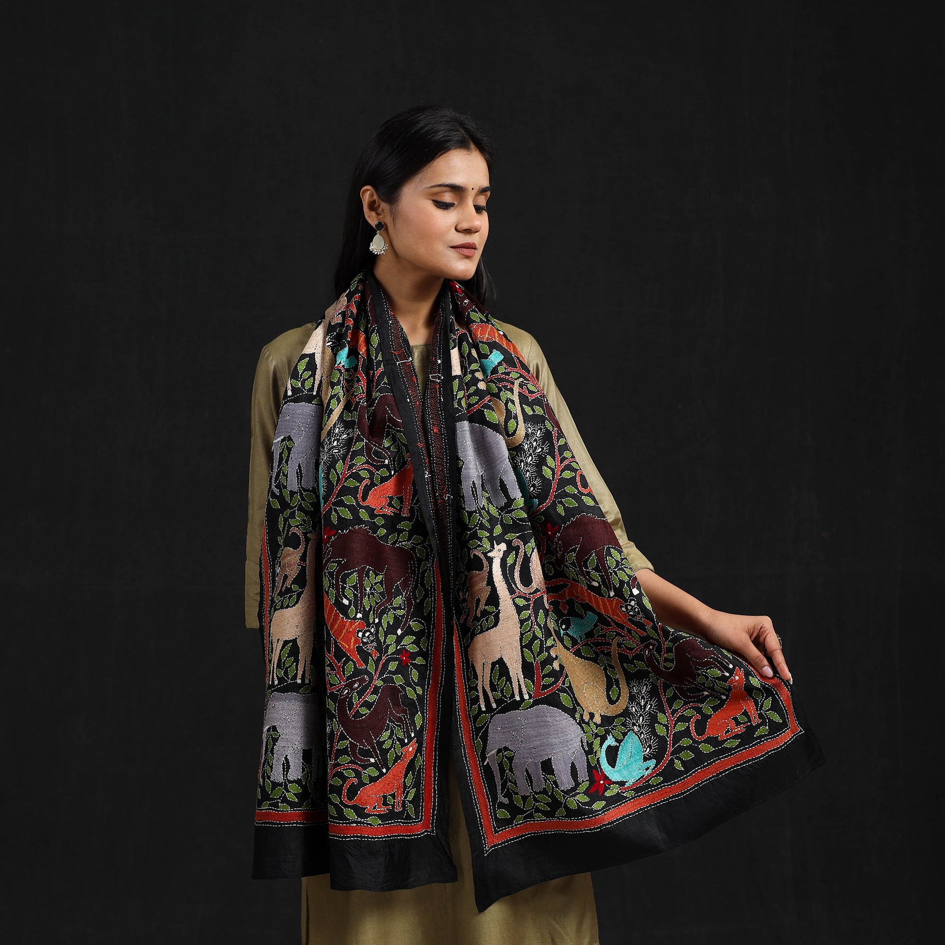 Black - Handloom Silk Bengal Kantha Work Stole 30