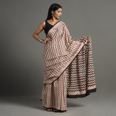 Brown - Bagru Hand Block Printed Mul Cotton Natural Dyed Saree 12