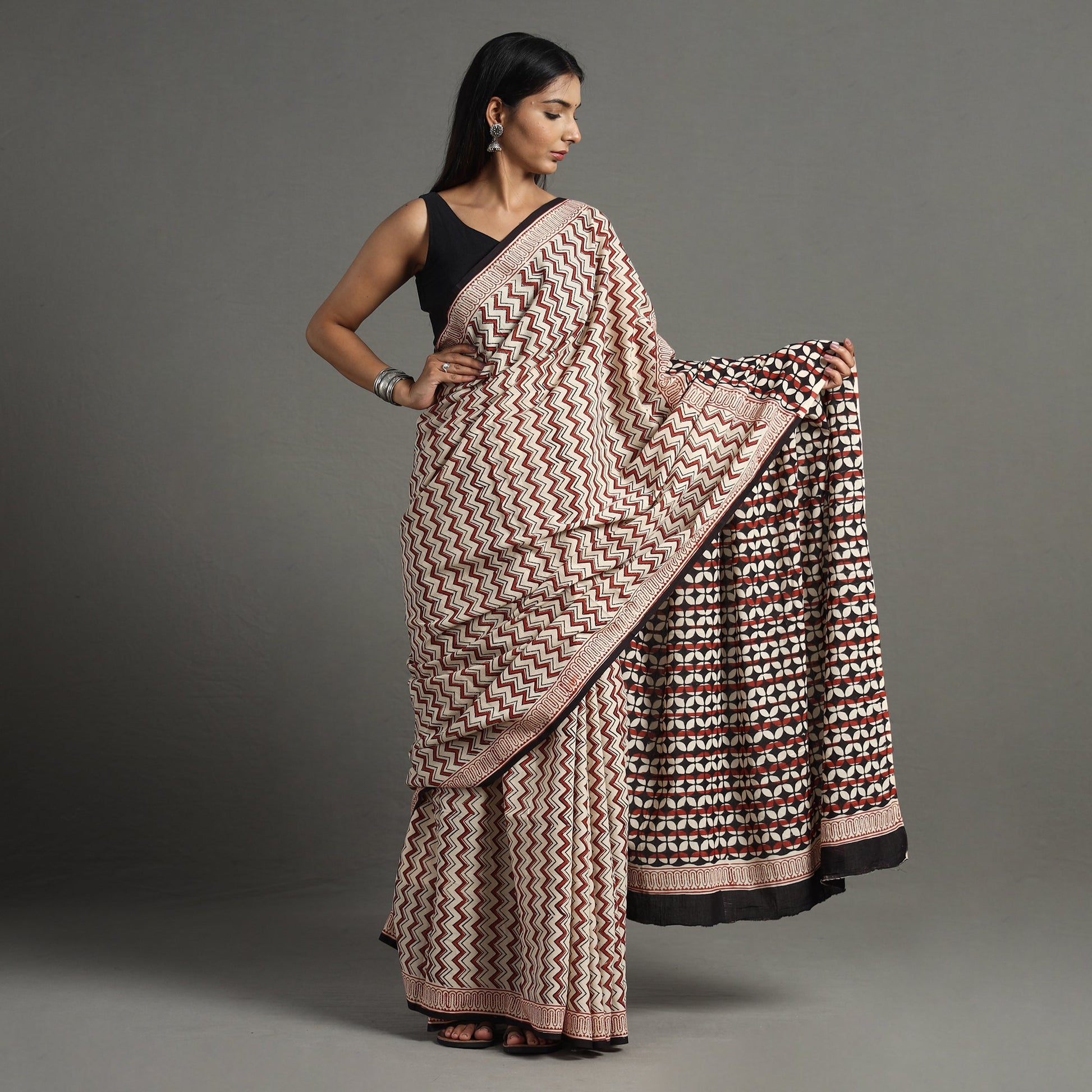 Brown - Bagru Hand Block Printed Mul Cotton Natural Dyed Saree 12