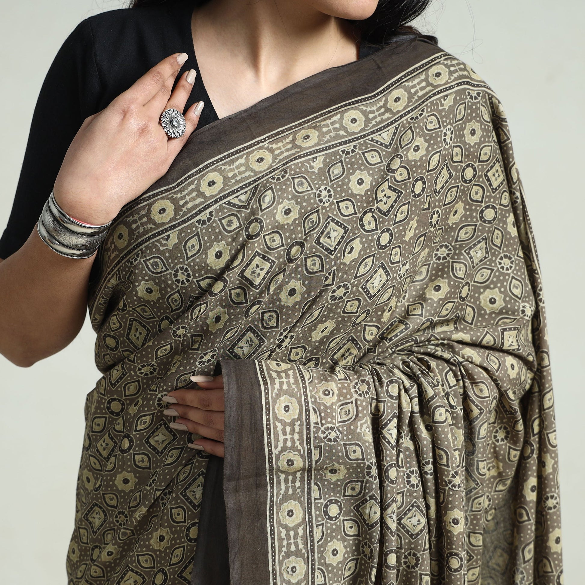 Grey - Natural Dyed Hand Block Print Cotton Ajrakh Saree