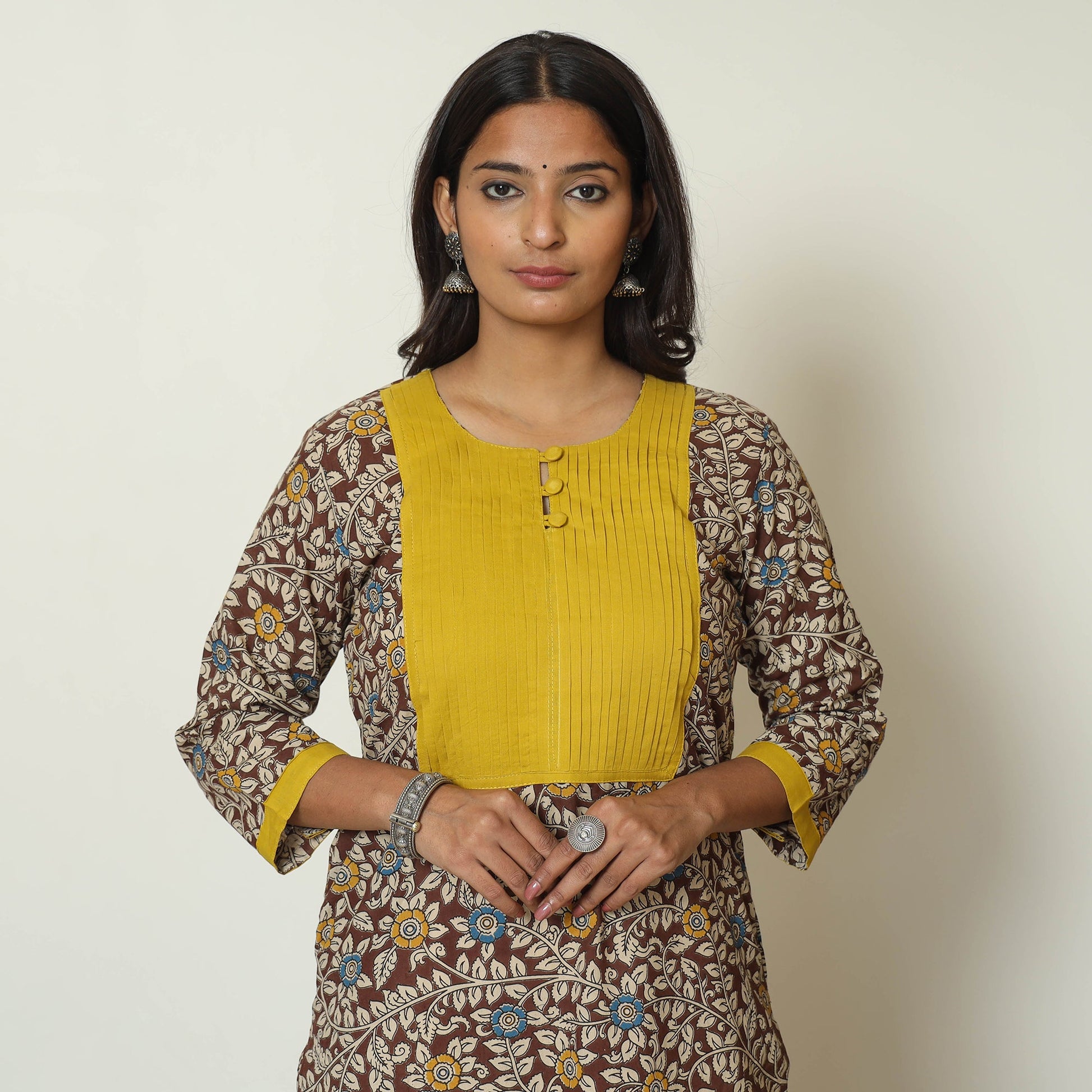 Brown - Kalamkari Printed Cotton Pintuck Long Straight Kurta 68