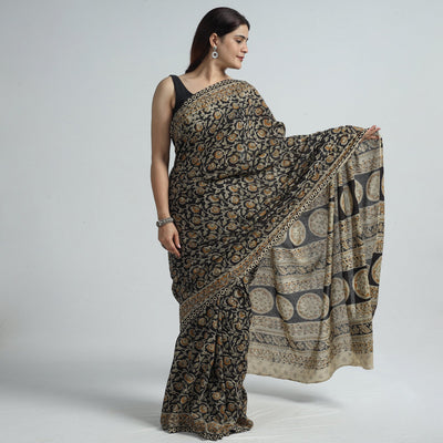 Black - Pedana Block Print Cotton Kalamkari Saree 07
