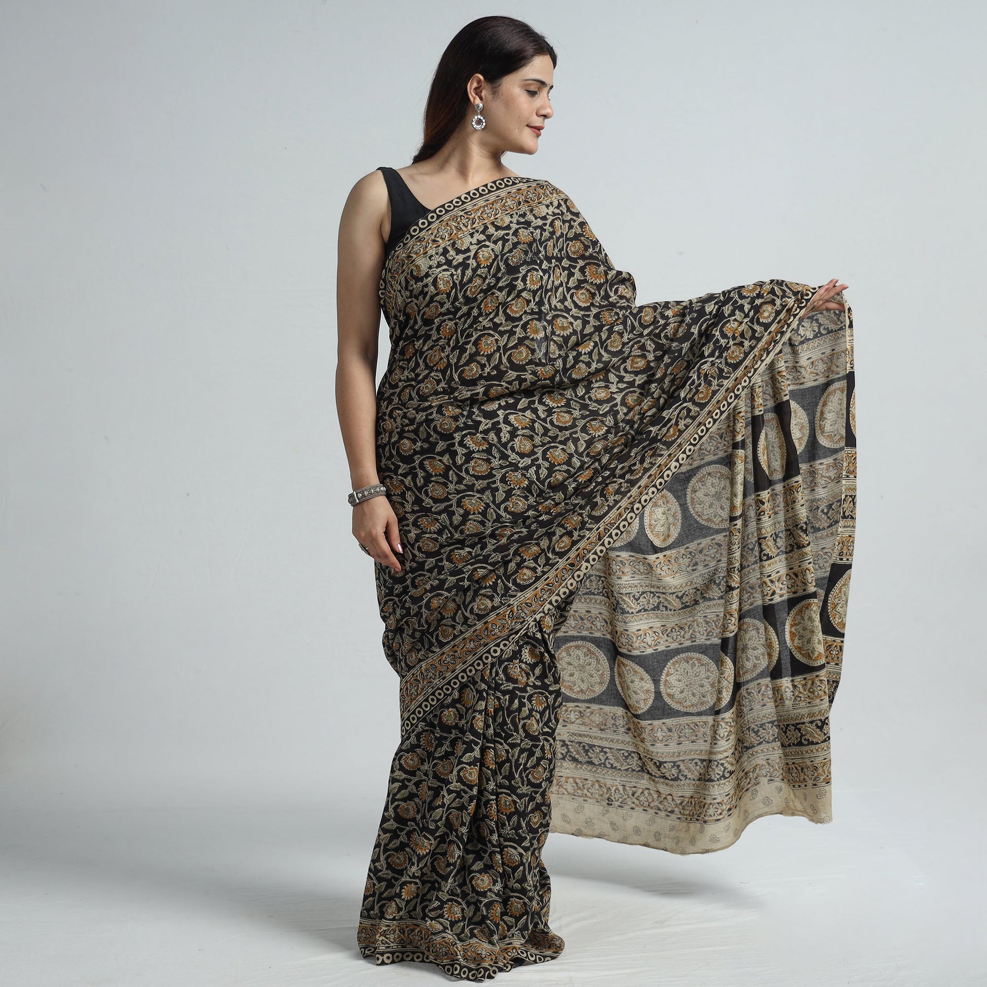 Black - Pedana Block Print Cotton Kalamkari Saree 07