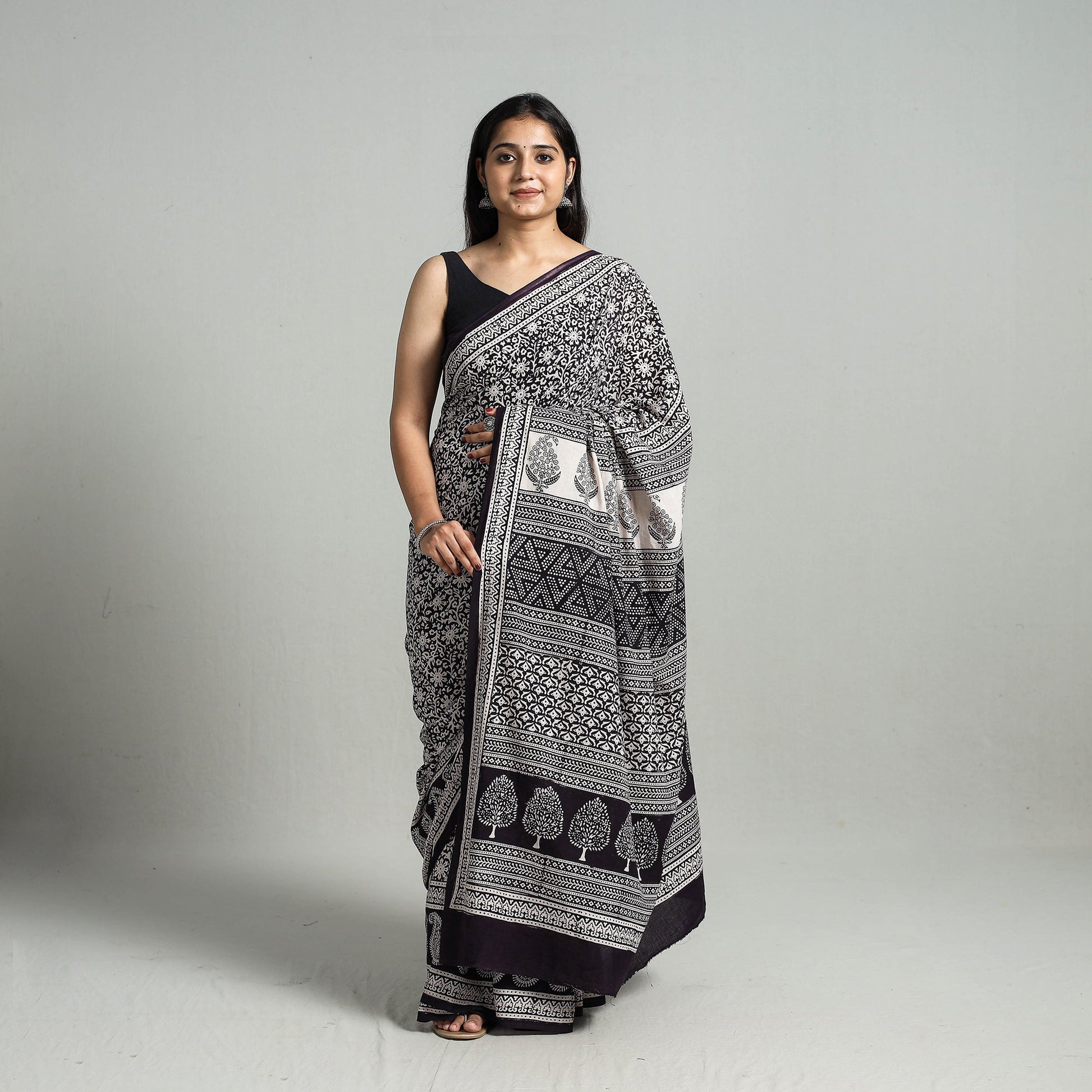 Black - Natural Dyed Bagh Print Cotton Saree with Blouse Piece 04