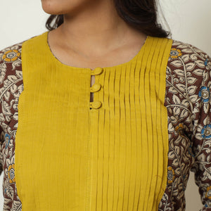 Brown - Kalamkari Printed Cotton Pintuck Long Straight Kurta 68