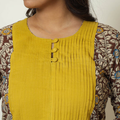 Brown - Kalamkari Printed Cotton Pintuck Long Straight Kurta 68