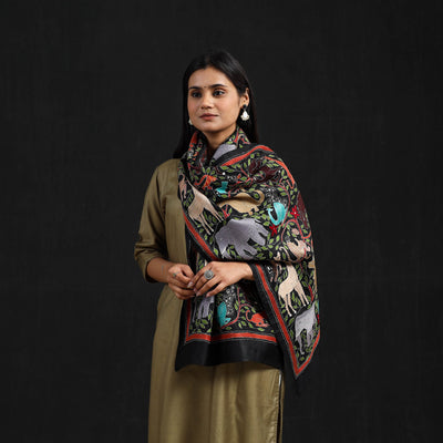 Black - Handloom Silk Bengal Kantha Work Stole 30