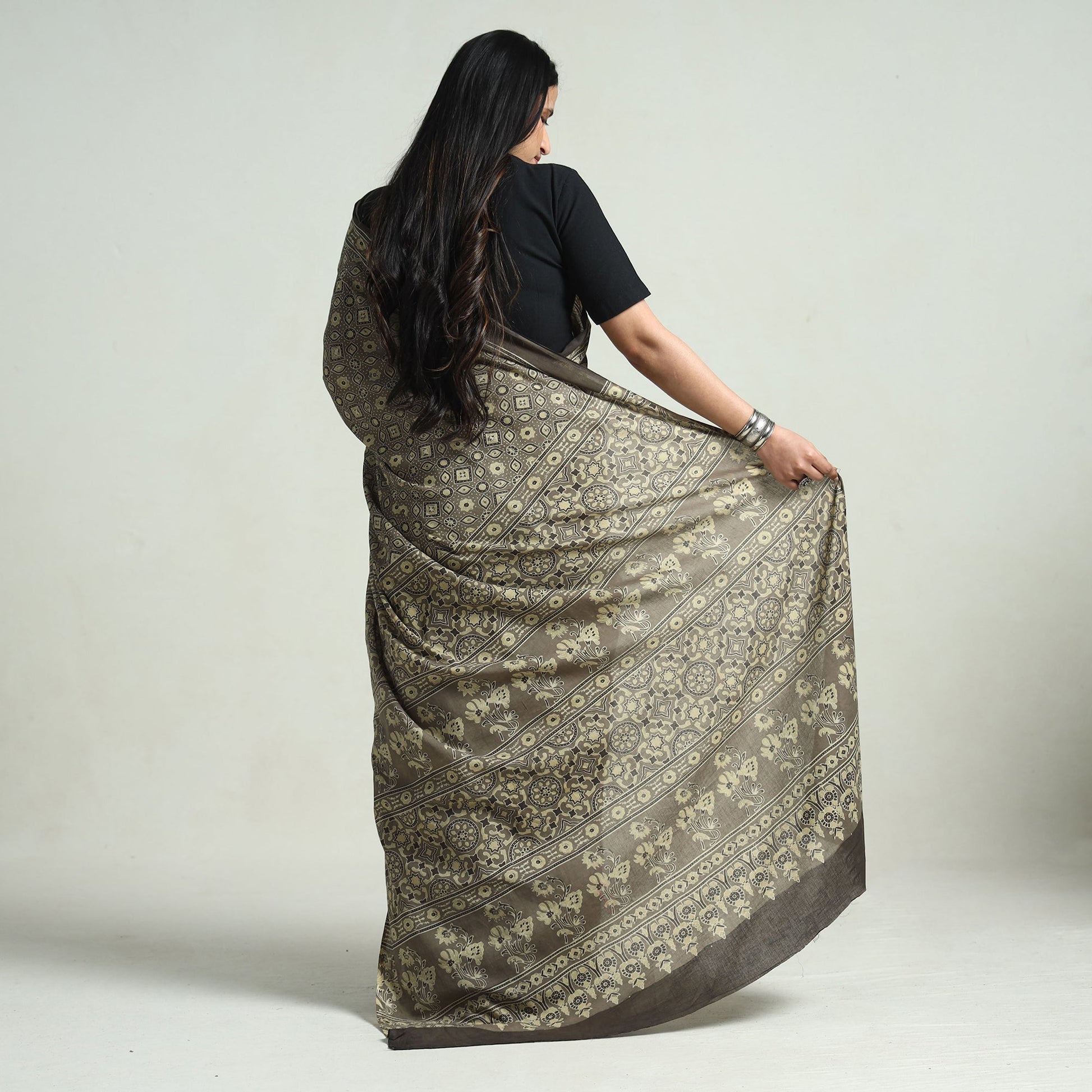 Grey - Natural Dyed Hand Block Print Cotton Ajrakh Saree
