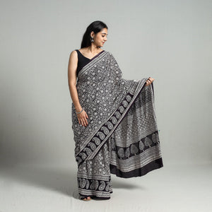 Black - Natural Dyed Bagh Print Cotton Saree with Blouse Piece 04